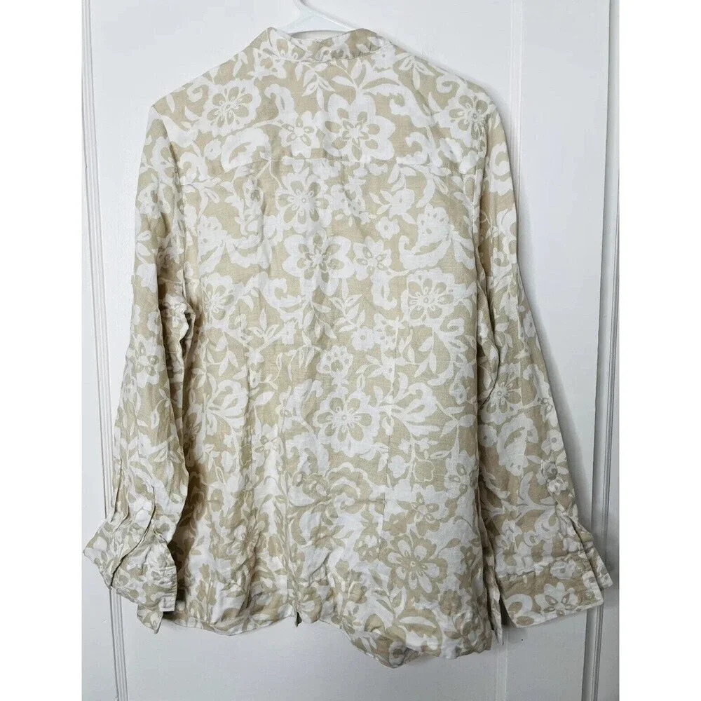 Charter Club 100% Linen Button Up Women Sz 16W Shirt White Tan Floral Woven - Picture 3 of 7